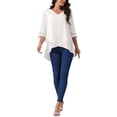 thumbnail image 2 of INSPIRE CHIC Women's V Neck 3/4 Bell Sleeve Mesh Panel Blouse High Low Tops Asymmetrical Irregular Hem Casual Blouse M White, 2 of 5