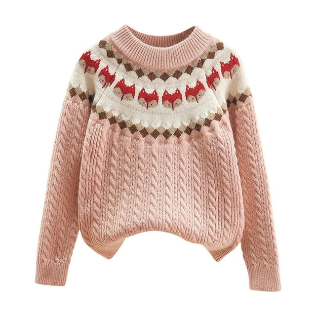 TIEVOSA Winter Thick Sweater Bulky Yarn Flower Loose Children's Sweater 5-6 Years(Pink)