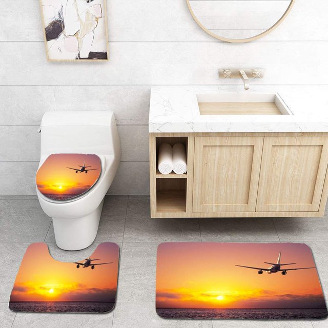 ABPHQTO Avión Juego de alfombras de baño de 3 piezas Alfombra de baño Alfombra de contorno y tapa de inodoro