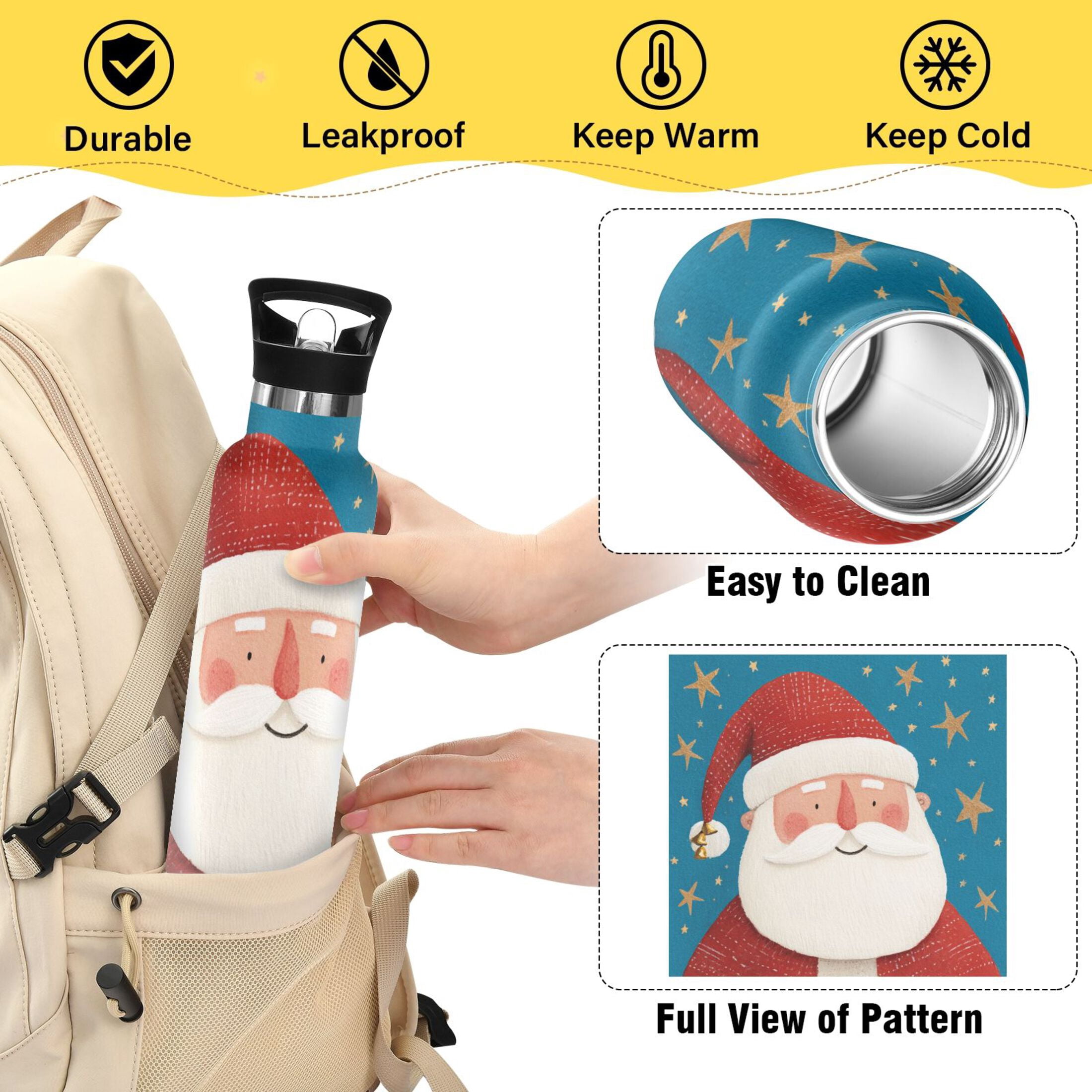 600ML Stainless Steel Insulated Cup Sports Water Bottle Portable Thermos Cup Water Glasses Insulated Tumblers Convenient and Durable Blue Santa Claus