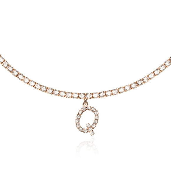 Rose Gold Initial Necklaces For Women 14K Rose Gold Plated Tennis Chain Necklace Cubic Zirconia Initial Tennis Necklace Bling Cz Letter Tennis Necklace For Women Girls Initial Q Necklace