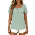 thumbnail image 6 of Yrmaups Loose Fit Short Sleeve T Shirt for Women Plus Size, Square Neck Button Down Blouse, Striped Casual Tee, Soft Stretch Top for Beach Travel Office Daily Wear, Army Green L, 6 of 8