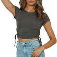 thumbnail image 2 of Kakina CMSX Womens Plus Size Tops Clearance Women Crop Cute Trendy Basic Tight Rounk Neck Crop Blouse Short Sleeve Crop TopS, 2 of 6