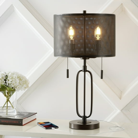 JONATHAN Y Hank 27" 2-Light Industrial Farmhouse Iron LED Table Lamp with USB Charging Port, Oil Rubbed Bronze, JYL1111A