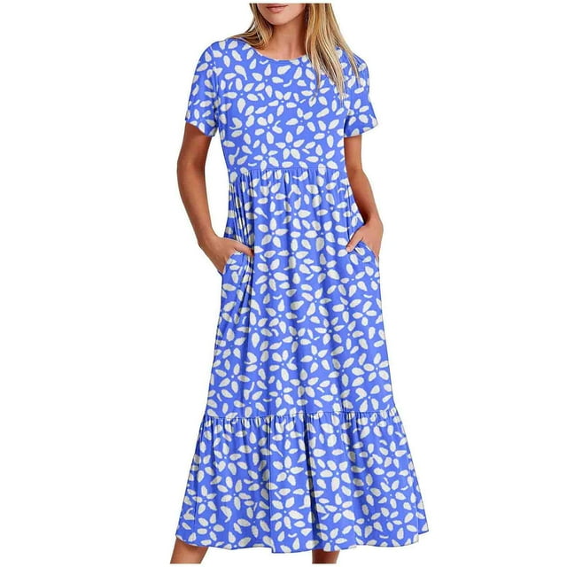 Pisexur Robes d'Été pour Femmes à Col Rond, Robe Fluide Plissée Tendance à Manches Courtes, Mode avec Poche, Robe d'Été de Plage Évasée à Imprimé Floral