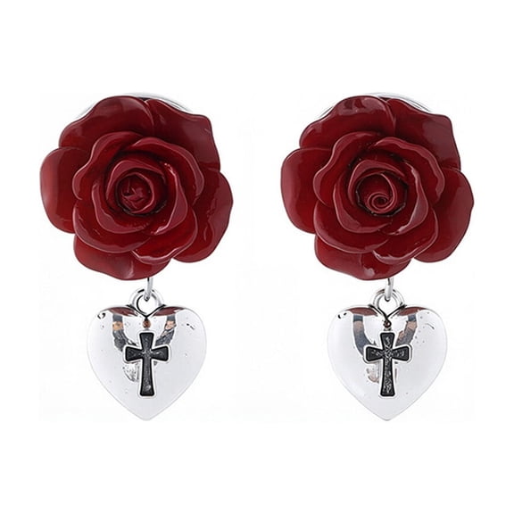 Iumwxz Vintage Dark Valentines Day Earrings for Women Gothic Rose Heart Cross Alloy Jewelry Lightweight Comfortable Romantic Black Red Gift Set for Girlfriend Wife