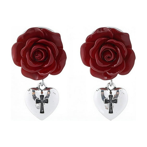 Pendientes vintage oscuros de San Valentín para mujer, pendientes góticos de corazón de rosa, diseños especiales, joyería romántica negra para San Valentín, pendientes de aleación de zinc.