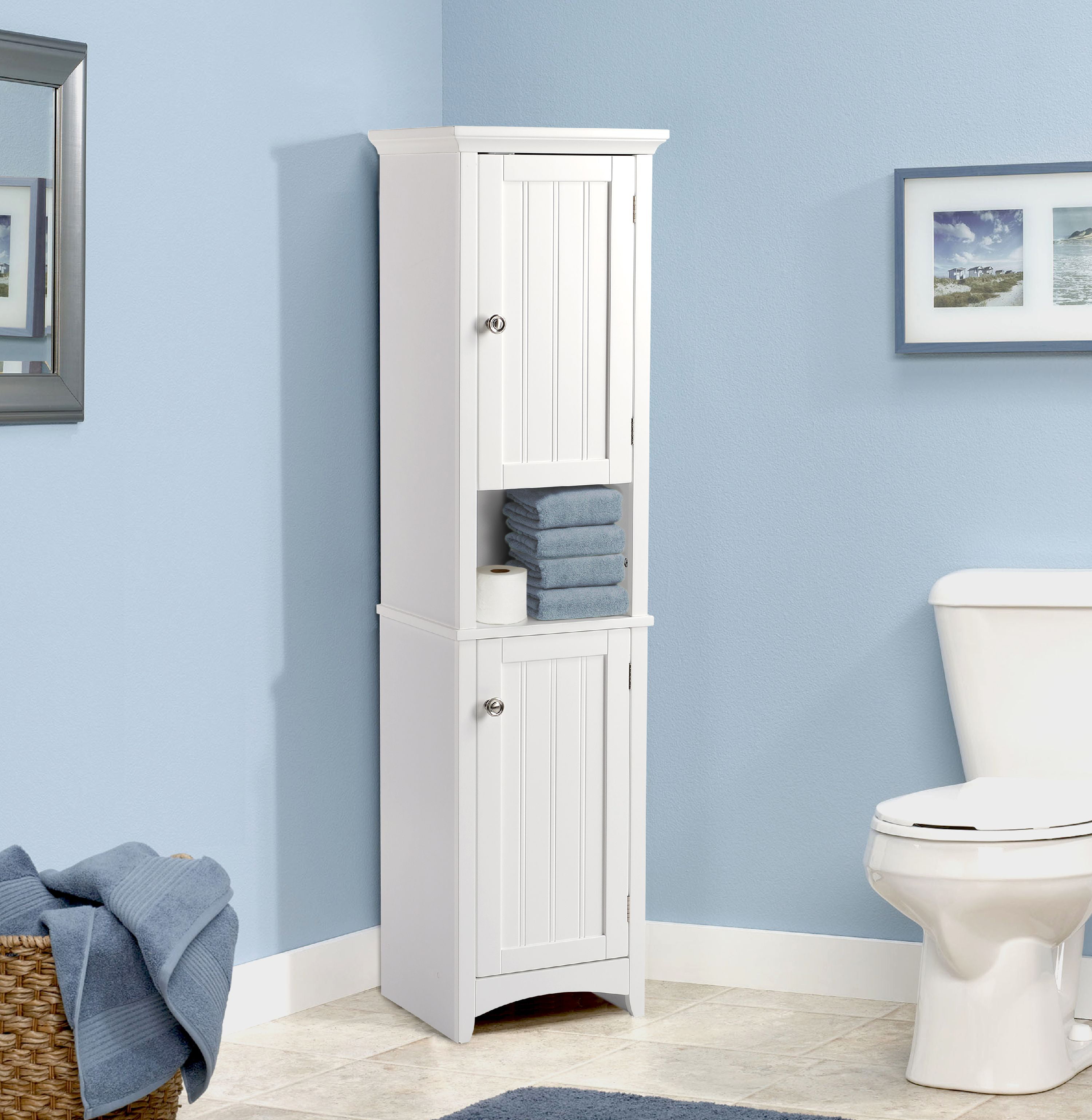 Slim Wood Storage Tower WALNUT Cabinet or 2 Baskets Bathroom Kitchen Apartment 