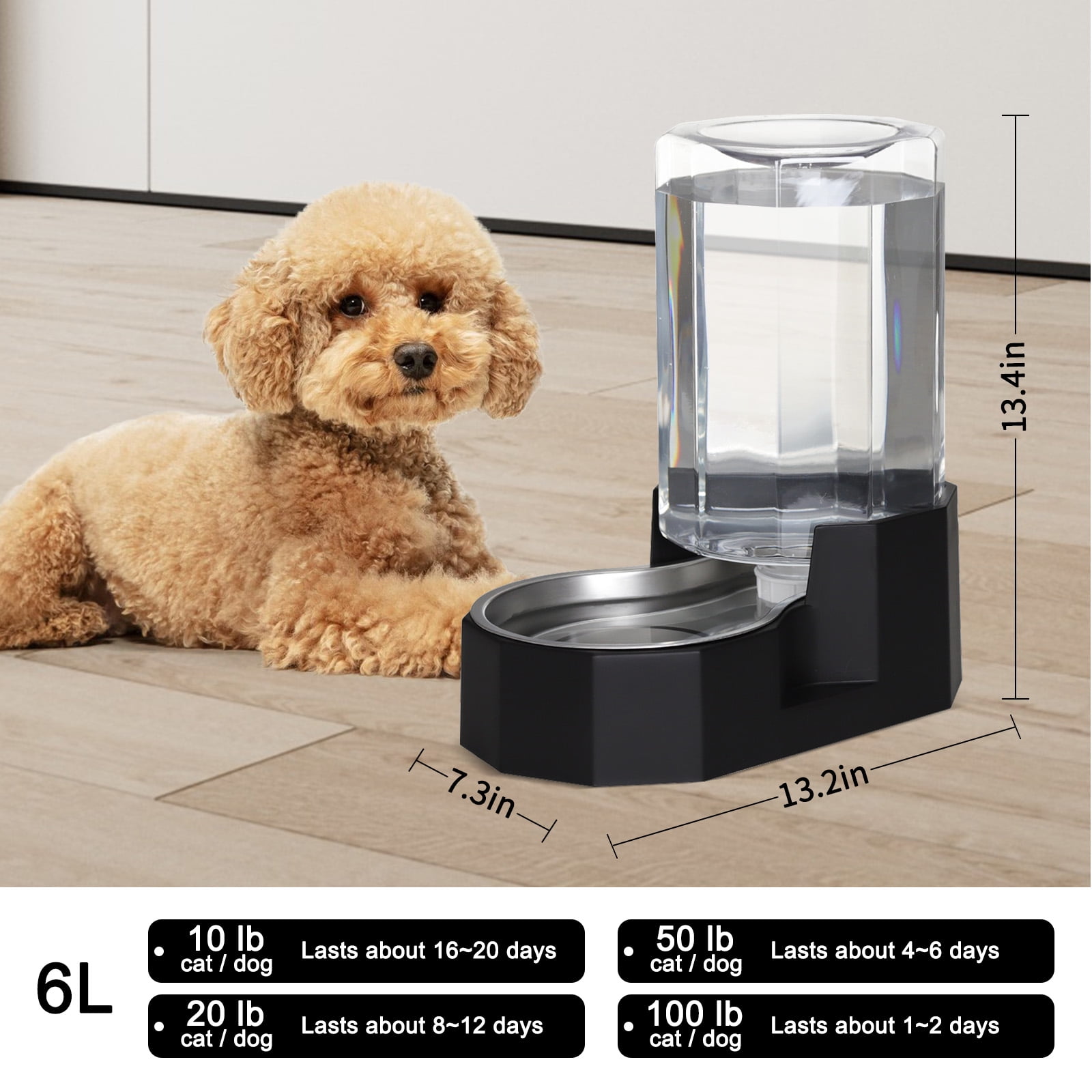 RIZZARI Black 6L Stainless Steel Pet Water Fountain: Automatic Gravity Stainless Steel Water Dispenser - 100% BPA-Free Waterer  for Dogs and Cats