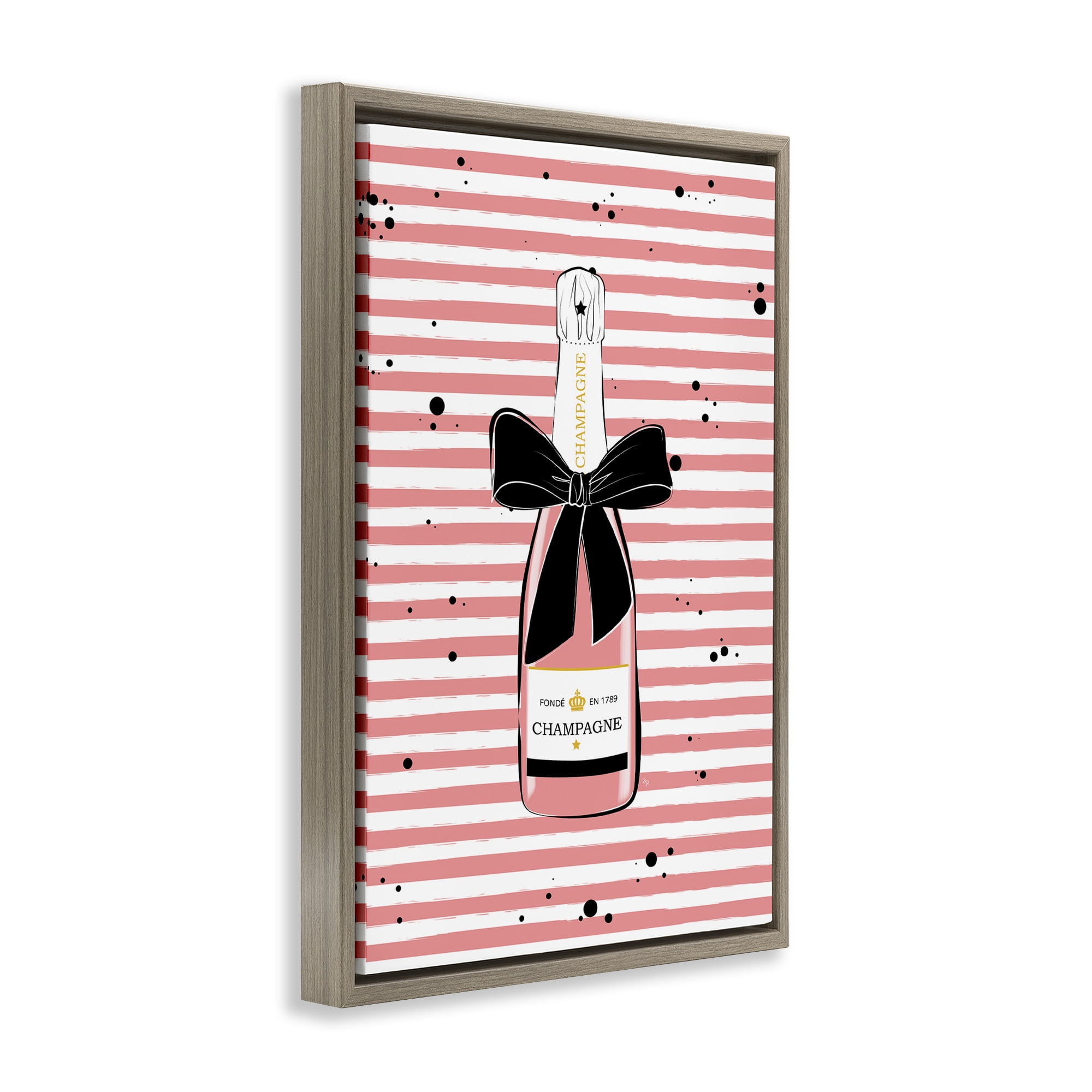 Stupell Industries Pink Champagne on Stripes Food & Beverage Painting Brown Floater Framed Art Print Wall Art, 21 x 31