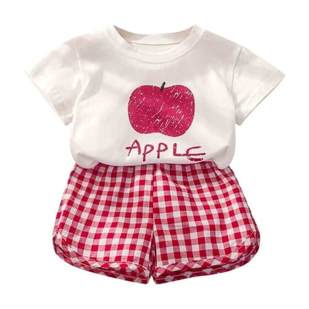 Ruyang Girls 2 Piece Outfits Kids Toddler Cotton Short Sleeve Tee + Checkered Shorts Summer Outfits for Girls Cute Loungewear
