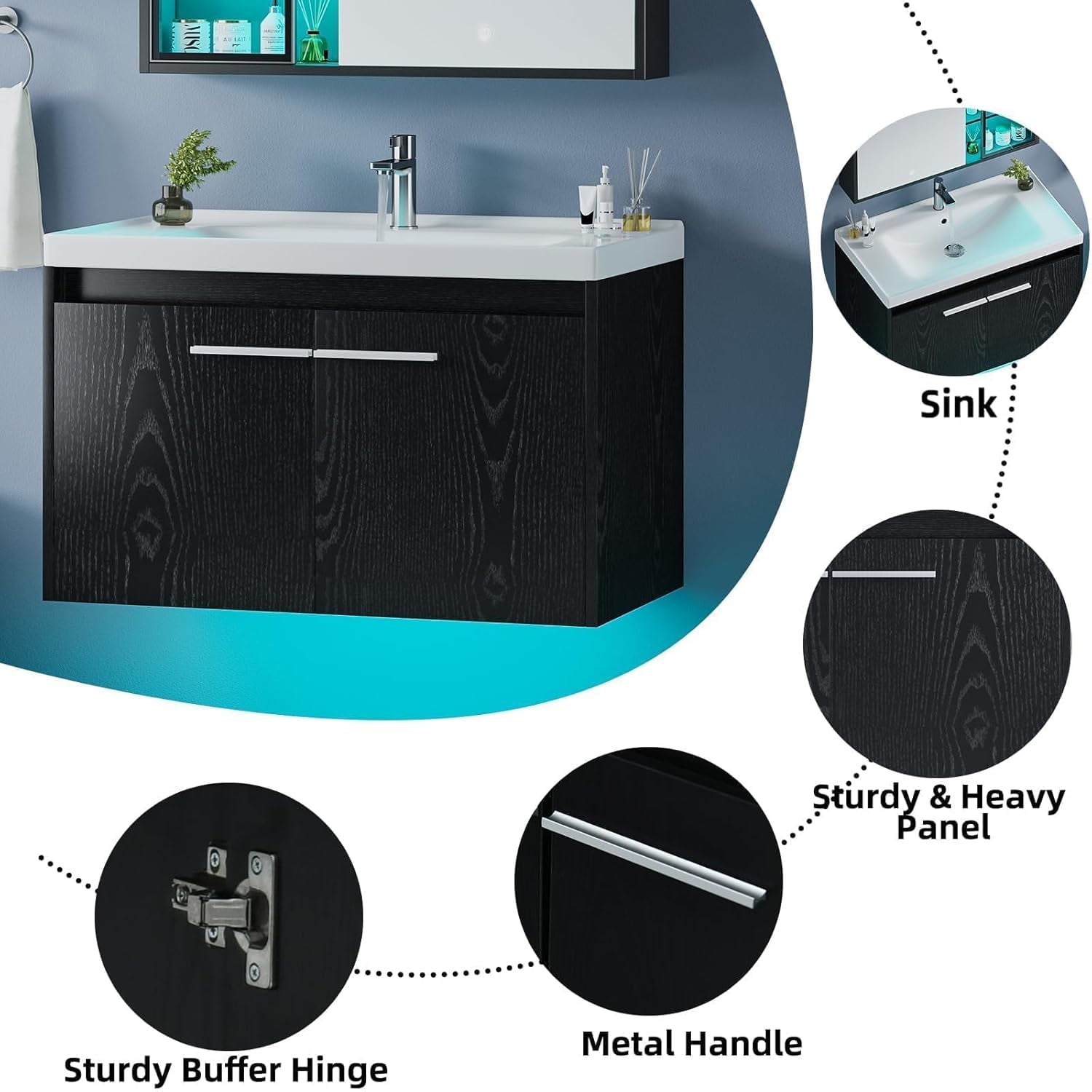 DreamCurship 31” Bathroom Vanity with Sink, Floating Bathroom Vanities with Adjustable LED Light, Bathroom Sink Cabinet with 2 Doors, Black