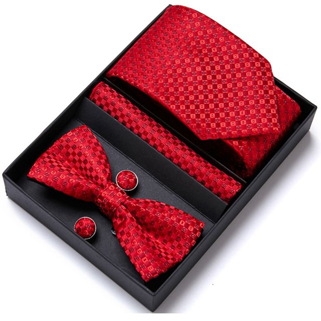 Conjunto de corbata y pajarita de poliéster, elegante y exquisito, gemelos en caja de regalo para novio, color rojo