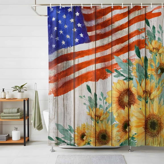 Sunflower USA Flag Shower Curtains for Bathroom, Independence Day Floral Wooden Waterproof Fabric Shower Curtain, Decorative Bathroom Curtain for Bathtub, 72"x78" , No Hooks Included