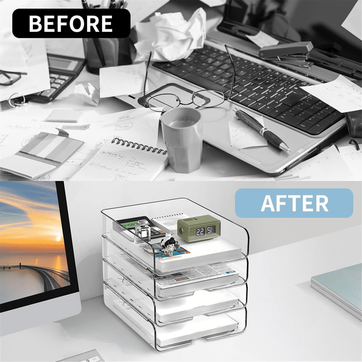 4-Tier Paper Organizer for Desk, Stackable Desk Organizer Paper Tray, Desk Accessories & Workspace Organizers