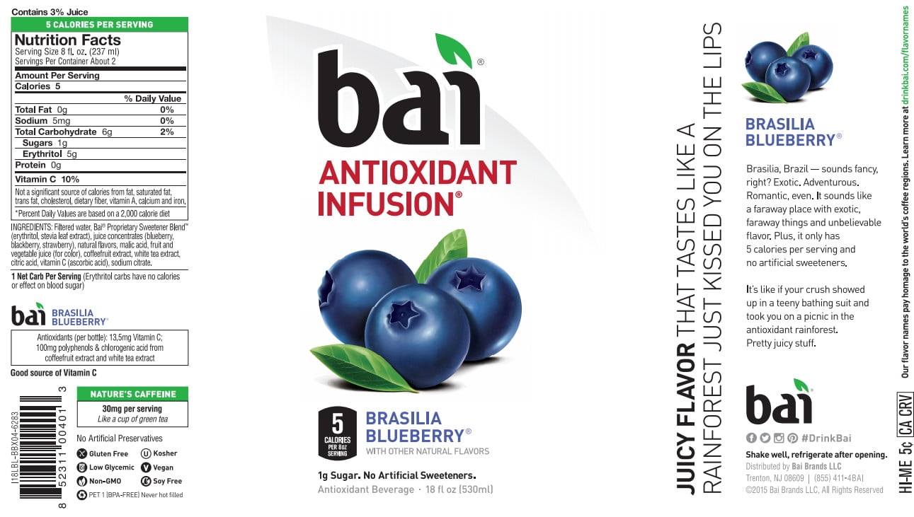Bai Flavored Water, Brasilia Blueberry, Antioxidant Infused Drinks, 18 Fluid Ounce Bottles, 12 count