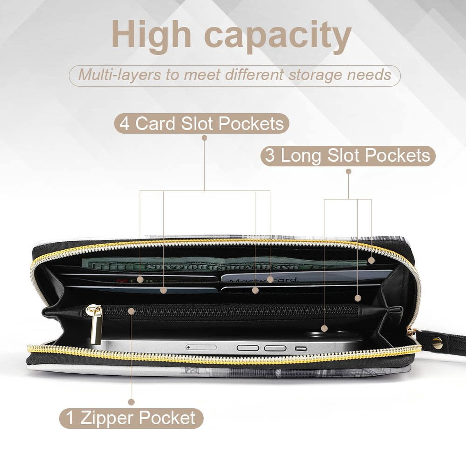 Womens Wallet Bifold Ladies Cluth Bag Wristlet Wrist Strap Long Purse Brooklyn Hologram Design
