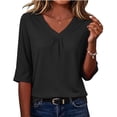 thumbnail image 2 of TGSLY Women's Front Pleated V Neck Tops Lightweight Soft Half Sleeve Relaxed Fit Dressy Casual Solid Color Curved Hem Blouses L, 2 of 7