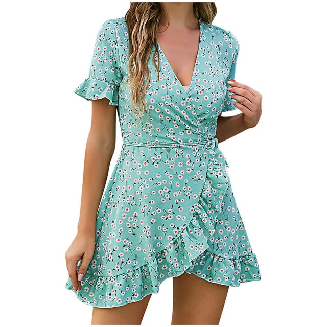 Women's Summer Wrap Dress Casual Boho Floral Print V Neck Short Sleeve Sundress Ruffle Hem Beach Flowy Mini Dress