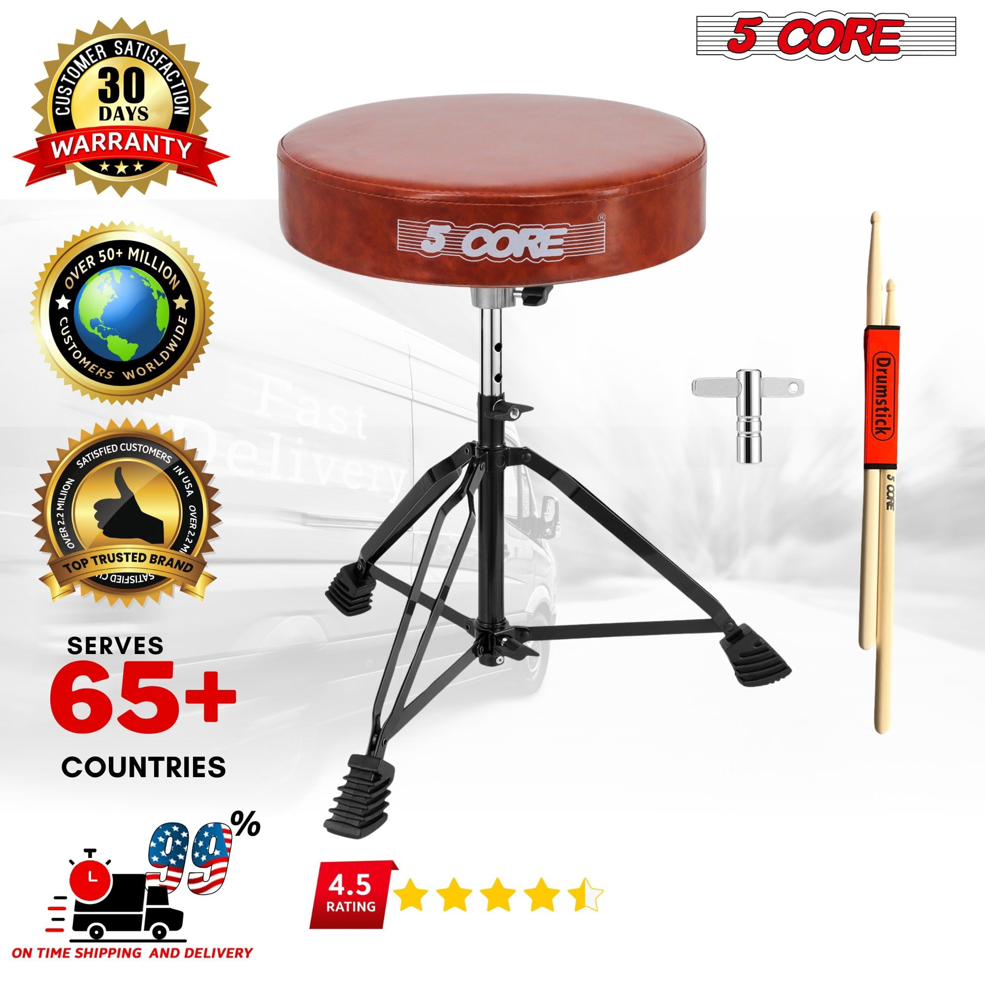 5 Core Drum Throne 3" Thick Padded Guitar Stool 200Lb Capacity Heavy Duty Adjustable Drummer Chair