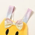 thumbnail image 4 of Staki Baby Girls Easter Romper Dress Bunny Printed Short Puff Sleeve Smocked Jumpsuit with Bow Headband Baby Smocked Romper 0-24M(Yellow,0-6 Months), 4 of 7