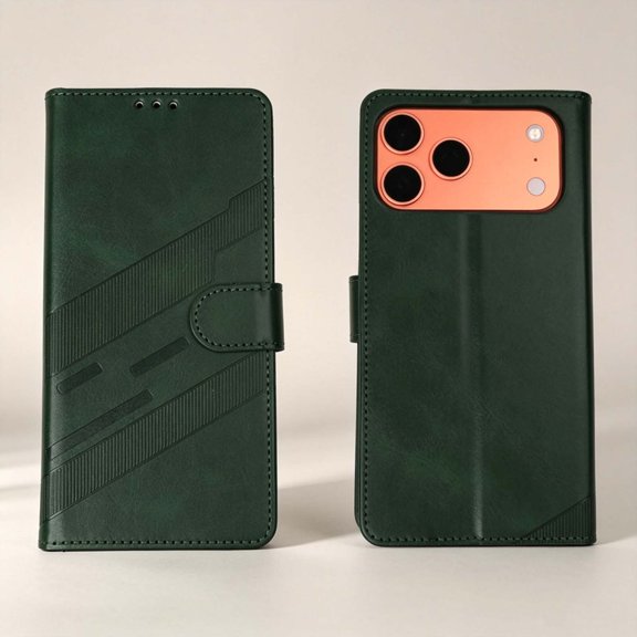 For iPhone 17 Pro Max Flip Phone Case,PU Leather Flip Foldable Kickstand,,Retro Embossed Flip Cover,With Card Slots,Magnetic Closure,Shockproof Non-Slip Anti-Scratch Phone Case,Dark Green