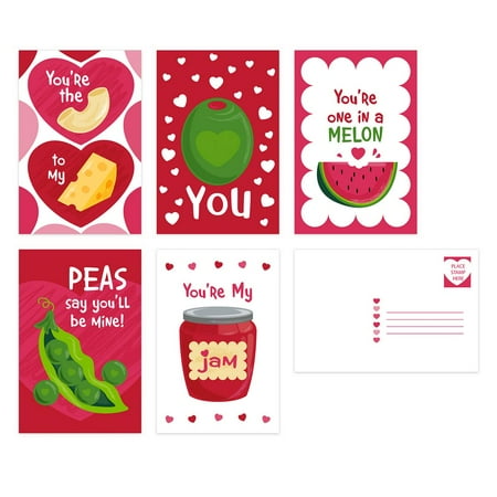 Valentine Food Pun Postcards / 25 Illustrated Foods Postcard Pack / 5 Adorable Food Humor Designs / 4 x 6 Flat Valentine s Day Funny Classroom Student Cards / Galentine s Day Cards / Made In USA