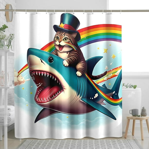 Funny Cat Shower Curtain with 12 Hooks Cartoon Cat Beautiful Rainbow Animal Kids Blue Polyester Grommets Waterproof Decorations Outhouse Bathtub Bathroom Toile Shower Curtain 72x78 Inch