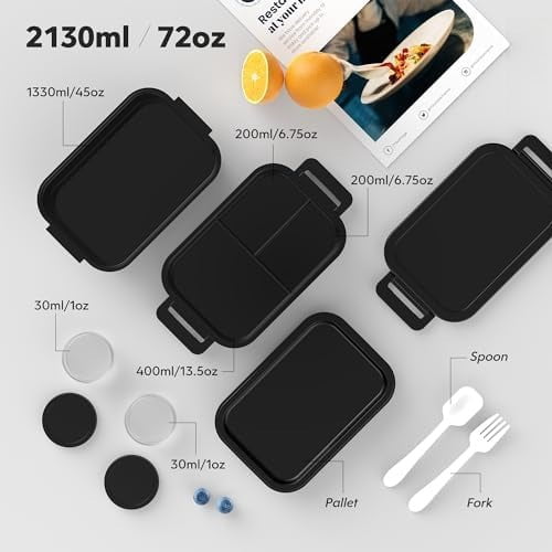 Adult Bento Box Lunch Box - Large Style Stackable Bento Lunch Box for Adults, 72oz All-in-One 3 Layers Bento Boxes Leak-Proof Lunchbox with Utensil Sauce Containers for Dining Out,Work, Black