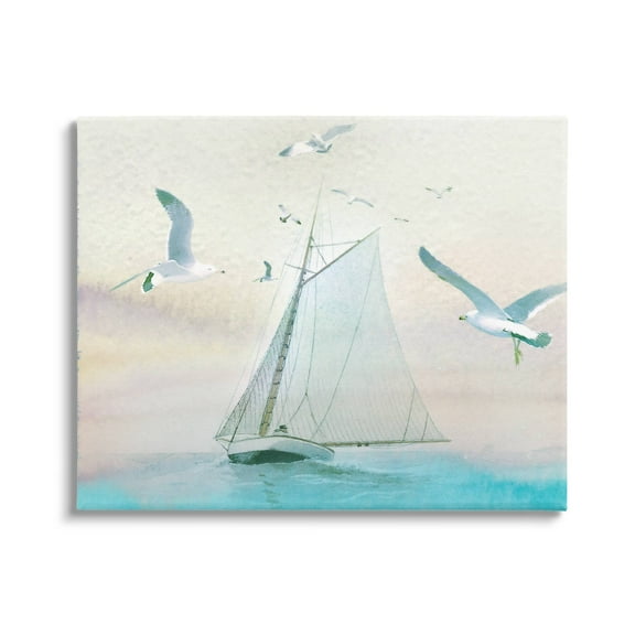 Stupell Seagulls Flying Ocean Sailboat Landscape Painting Gallery Wrapped Canvas Print Wall Art