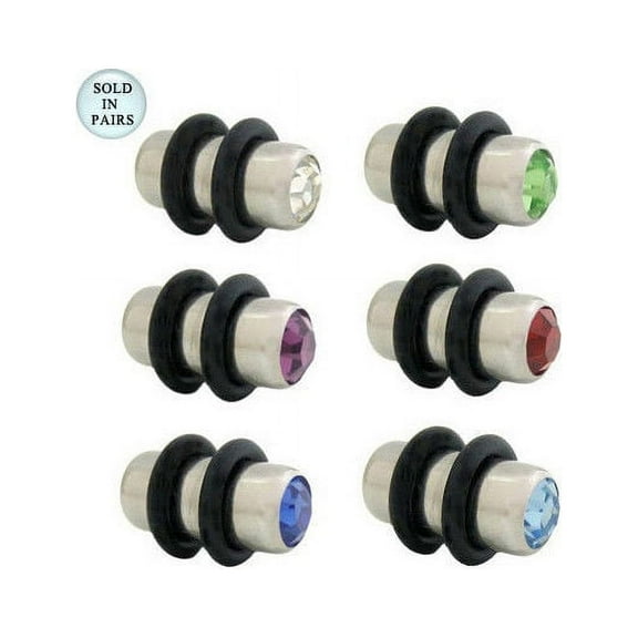 Pair of Jeweled Surgical Steel Ear Plugs 4 Gauge - 6 Colors Available