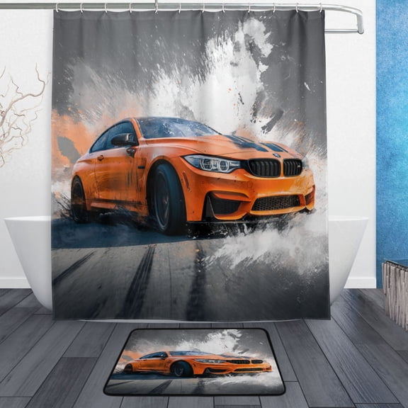 TTYFWHD 60" x 72" Shower Curtain and Bath Mat Set Orange Car Pattern Waterproof Bathroom Curtain with 12 Hooks, Bathroom Decor Set