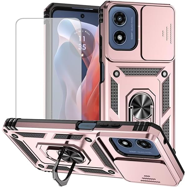 wonima11 for Moto G 5G 2024 Case,Motorola G Play 5G 2024 Case with Tempered Glass Screen Protector and Slide Camera Cover, Magnetic Ring Car Mount Holder Cover for Motorola Moto G 5G 2024 Rose Gold
