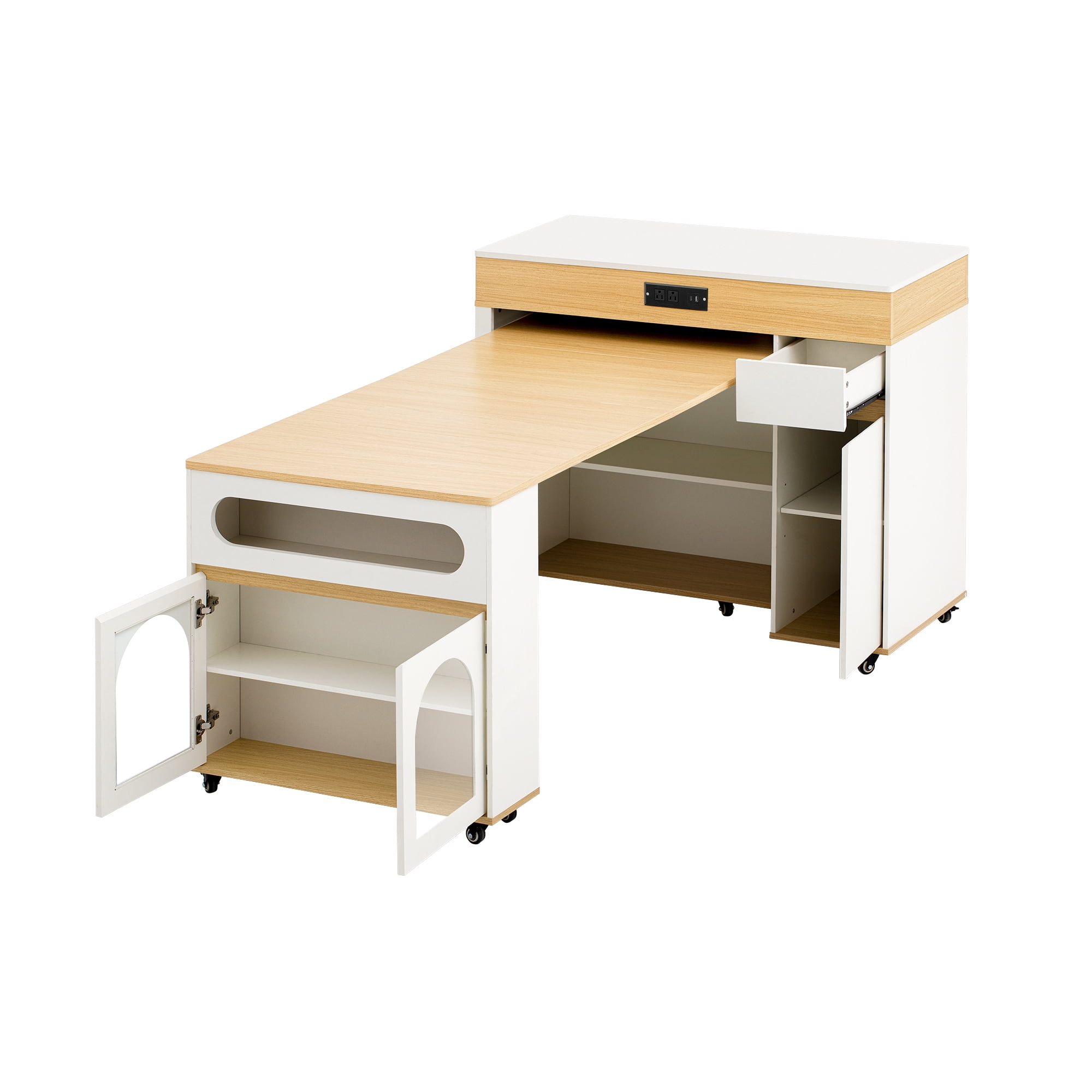 MODERNLUXE Extendable Dining Table with Extra-Long Folding Tabletop, Rolling Kitchen Island with Drawers,Power Outlet and Brake lock, Sideboard Storage Cabinet for Kitchen, Dining Room,Natural