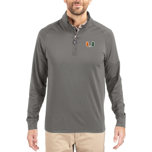 Men's Cutter & Buck Gray Miami Hurricanes Primary Logo Adapt Eco Knit Stretch Raglan Quarter-Zip Pullover