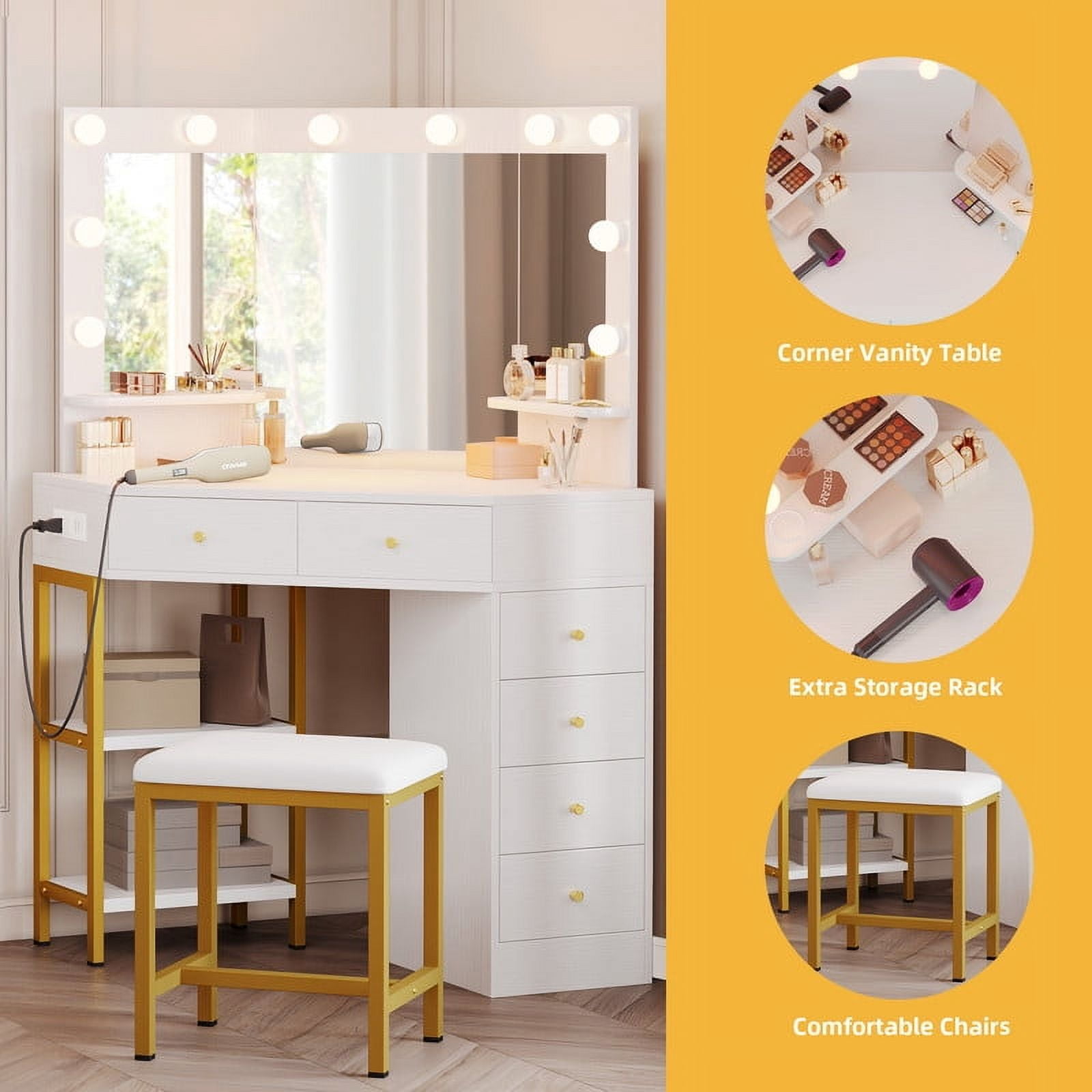 Uforic Corner Vanity Desk Set with LED Lighted Mirror and Charging Station, White, 6 Drawers