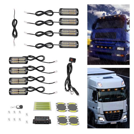 White Amber 8PCS LED Grille Side Marker Strobe Lights Kit w/ Controller &Harness