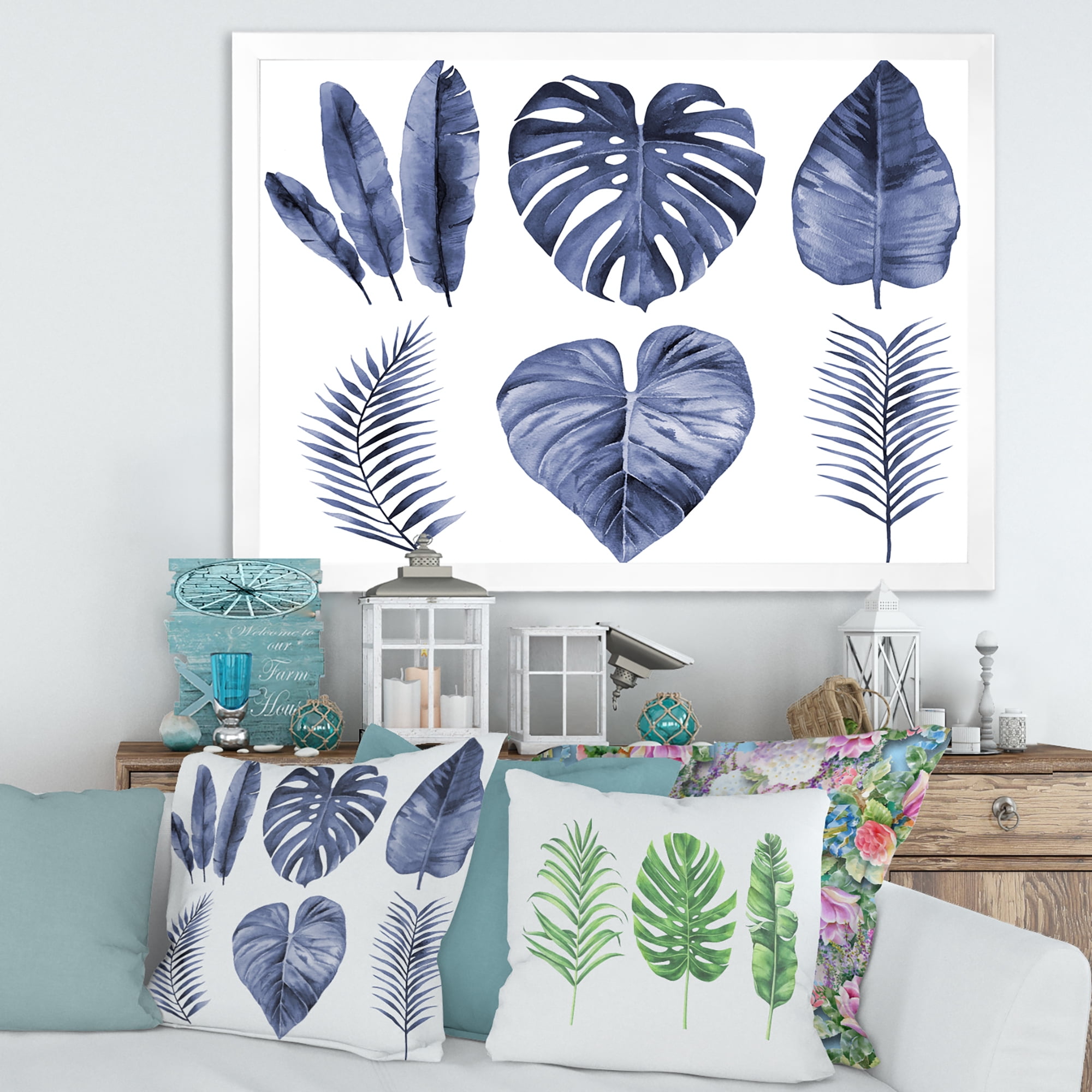 Designart 'Blue Watercolour Tropical Leaves I' Farmhouse Framed Art Print
