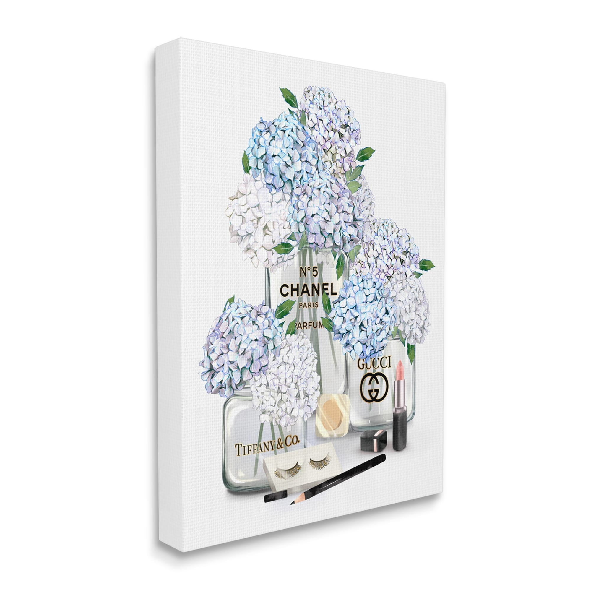 Stupell Industries Glam White Blue Hydrangeas Designer Perfume Bottles Lipstick Illustration, 24 x 30, Design by Ziwei Li