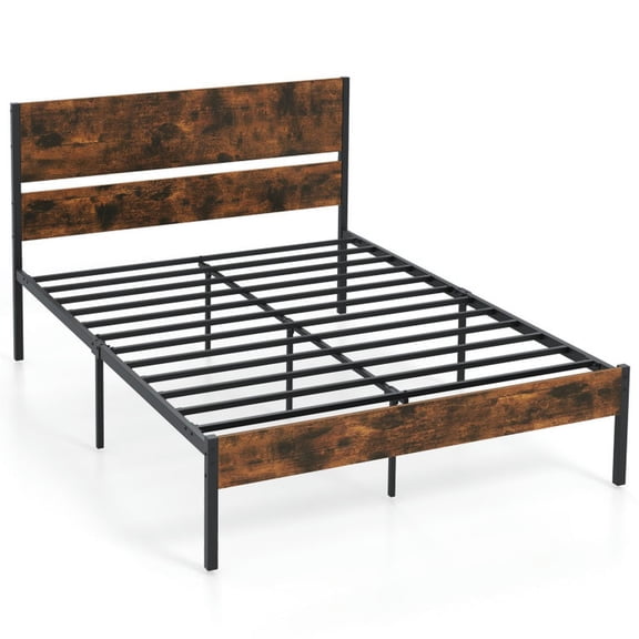 Spaco Metal Bed Frame with Wooden Headboard and Footboard, Full Size, Simple Bed Frame for Indoor as Bedroom, Brown