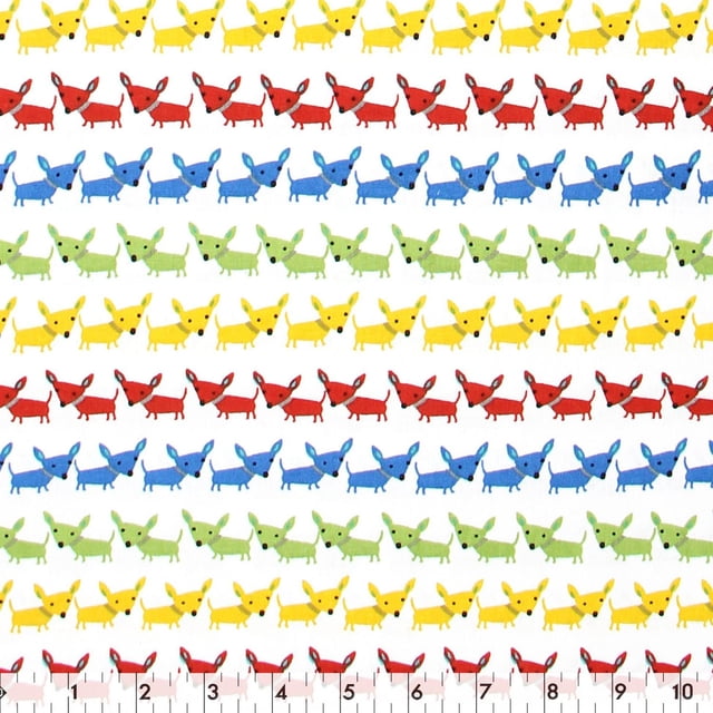 Fabric Creations White with Colour Rows of Dogs Cotton Fabric by the Metre
