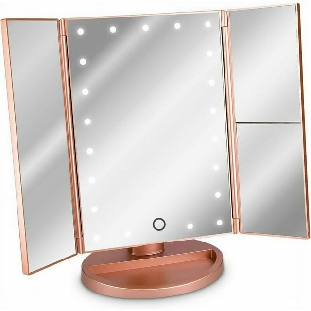 Espejo con luz LED de 3 lados para colocar Espejo de maquillaje tríptico plegable en soporte con batería con efecto de aumento 2x3 o USB Oro rosa