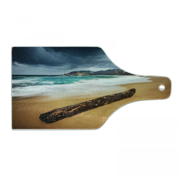 Driftwood Cutting Board, Seascape Theme with Old Piece of Tree in the Beach with Stormy Weather Print, Tempered Glass Cutting and Serving Board, Wine Bottle Shape, Blue and Ginger, by Ambesonne