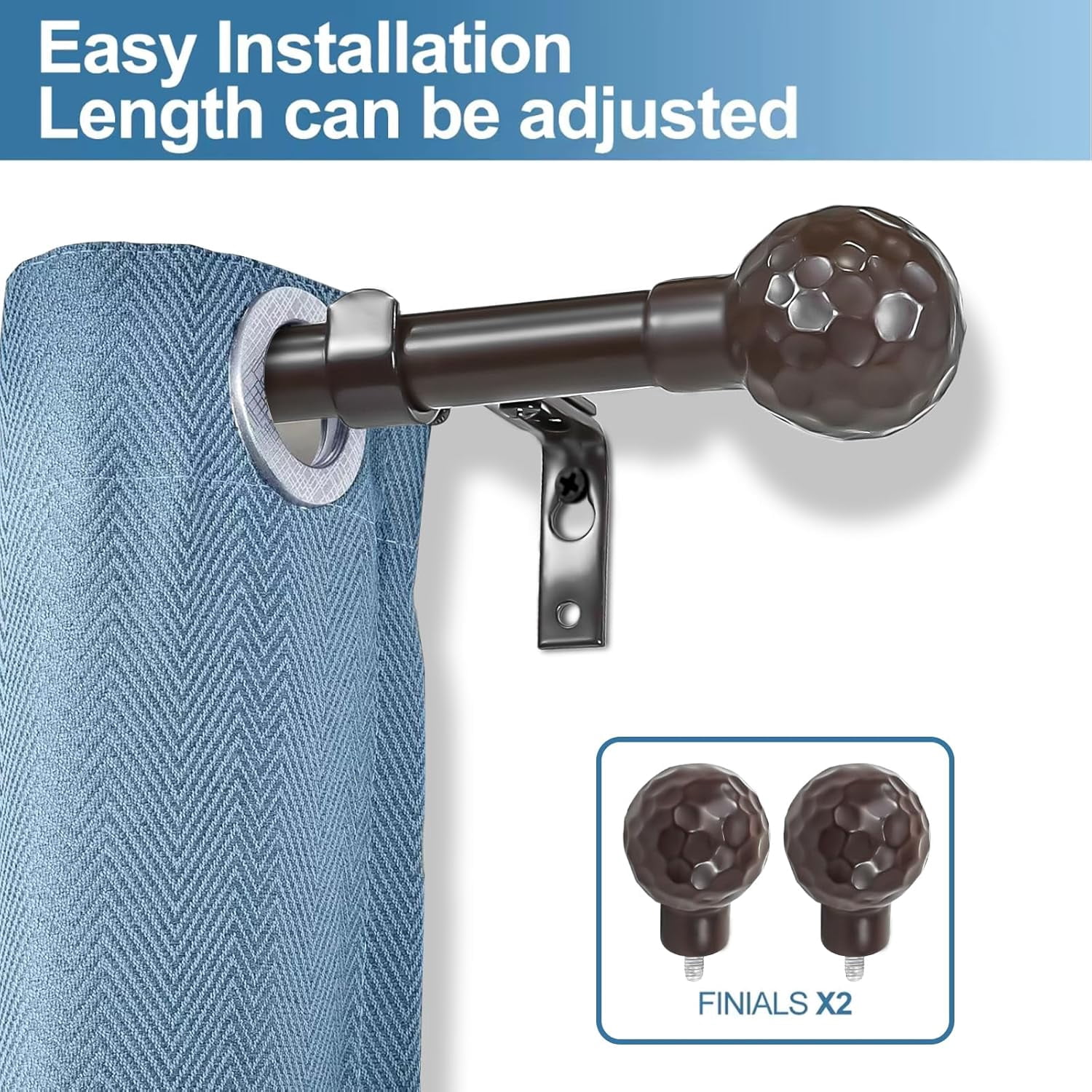 Urbanest Adjustable Single Curtain Rod Set Hammered Ball Finials – 3/4-Inch Diameter, With Bronze Rod, 48–84 Inches