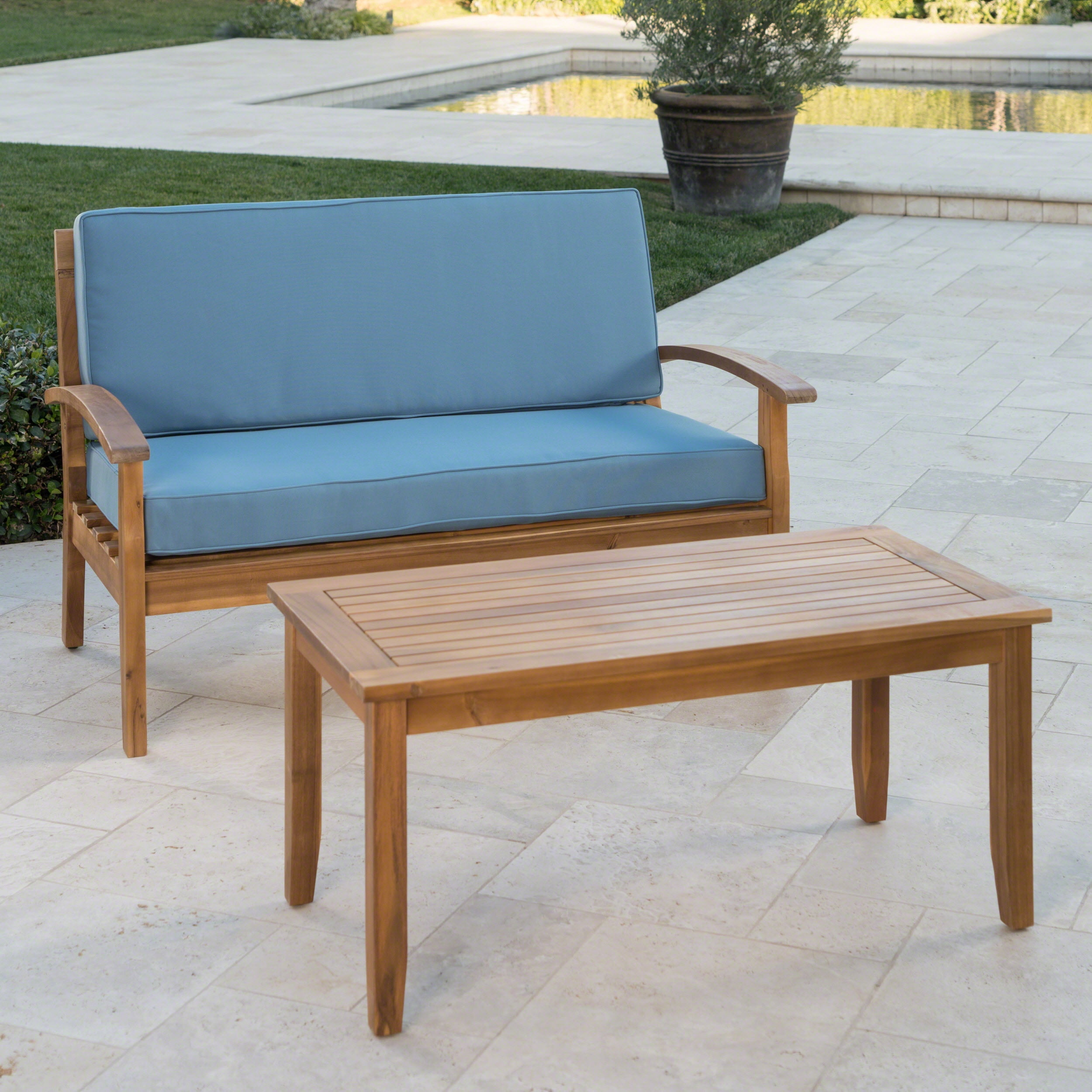 Outdoor Loveseat and Coffee Table Combined Leisure Set, Acacia Wood Frame Furniture for Patio Garden, Blue