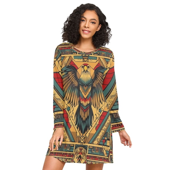 FORMRS Womens Long Sleeve Nightgowns Crew Neck Sleep Shirt Soft Pajamas Sizes S-3XL, Retro Abstract Eagle