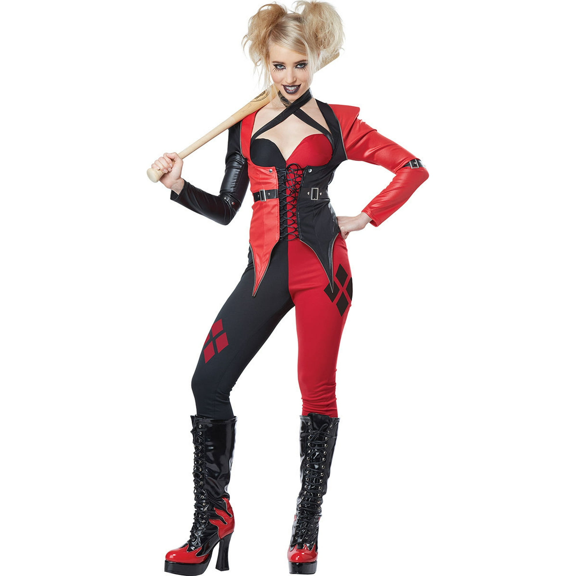 Psycho Jester Chick Costume Womens Harley Quinn Style Black & Red Jumpsuit  XS-LG | Walmart Canada