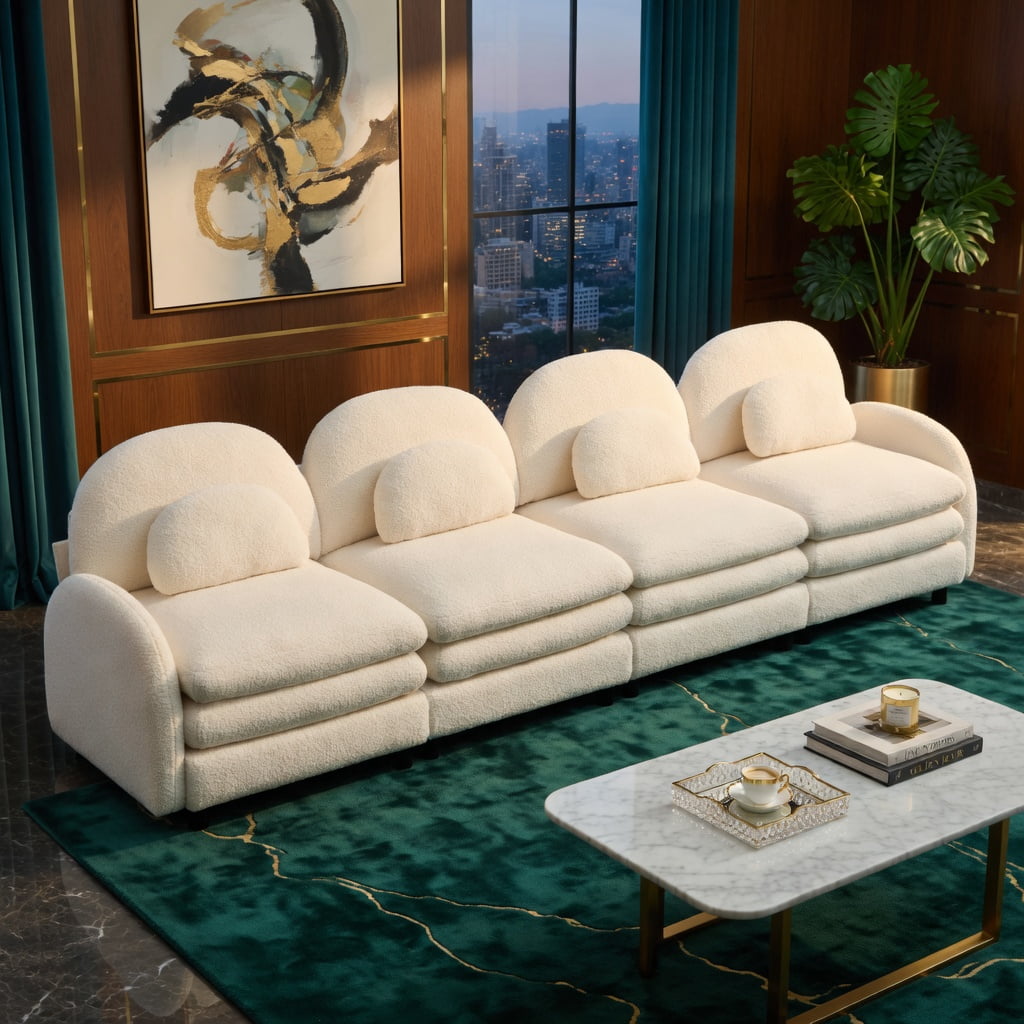 Hommoo Teddy Fleece 4-Seat Modular Sofa Set, Cloud-Soft Curved Backrest, Double-Layer Cushions & Lumbar Support, Living Room Couch, Beige