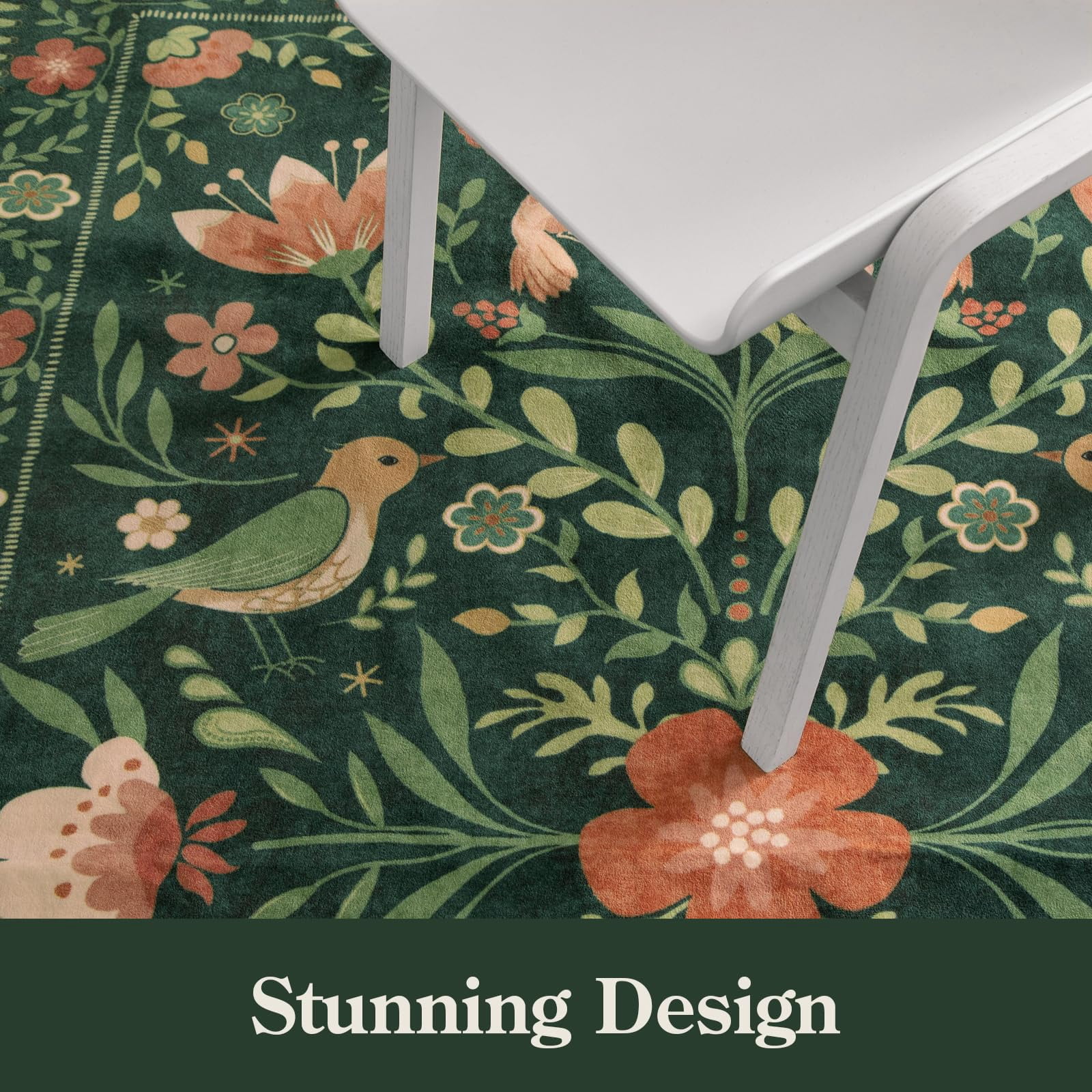 Lahome Decor 6'x9' Boho Bird Area Rugs,Floral Rug for Living Room Machine Washable,Soft Indoor Carpet,Non-Slip Low Pile for Bedroom Dining Room Playroom Office,Green