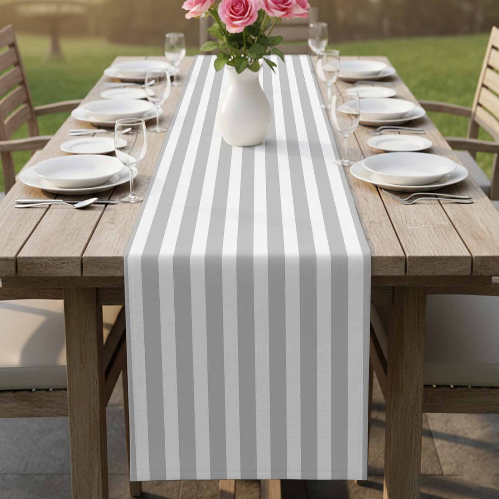 Grey Striped Table Runner, Modern Farmhouse Gray White Stripes Washable Cotton Linen Table Runners 72 Inches Long, Dresser Scarf Runner for Dining/Coffee/Kitchen/TV Stands/Cabinets 13''x72''
